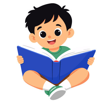 Cute School Boy Sitting and Reading a Book Cartoon Illustration