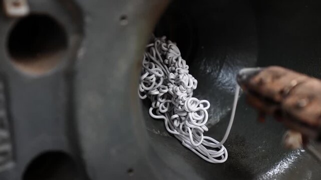 Worker guiding a freshly extruded gray rubber strand into machinery at an eraser factory