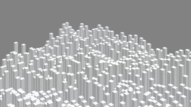 abstract data visualization, loopable 3D bar chart animation, white rectangular pillars rising and falling rhythmically against a solid gray backdrop