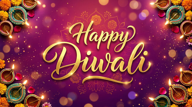 Diwali Celebration with Bright Diyas and Festive Lights