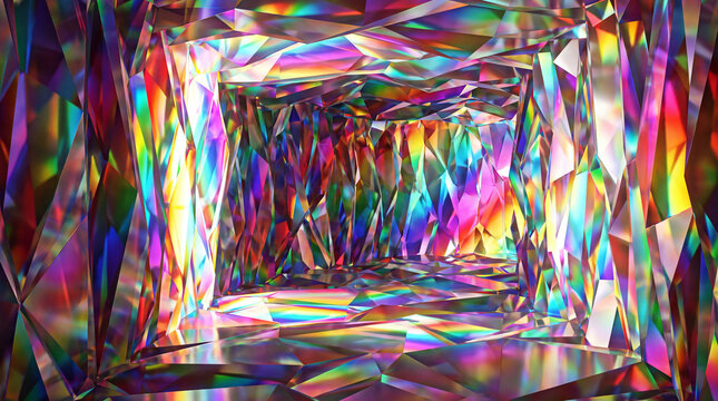 Abstract Iridescent Crystal Tunnel with Colorful Geometric Facets