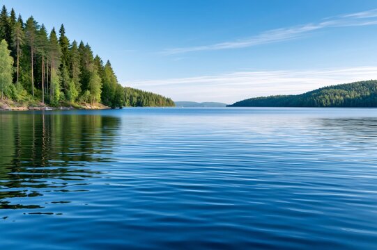 Calm lake water reflecting blue sky and forest