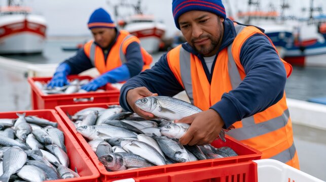 Fishermen sorting fresh fish harvest at harbor