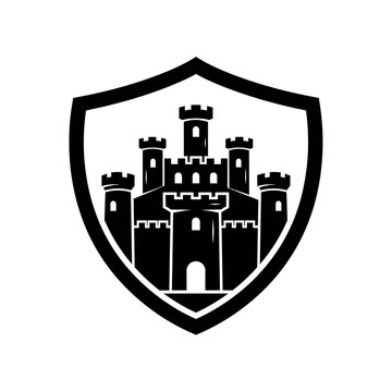Black and white castle logo inside a shield emblem