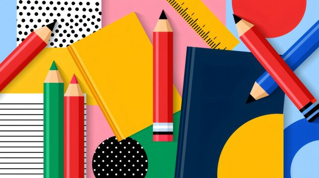 School supplies flat lay with colorful books and pencils
