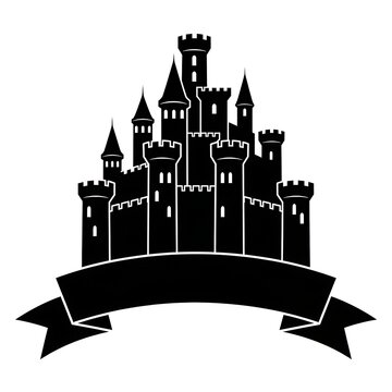 Black silhouette of a fantasy castle with a blank banner