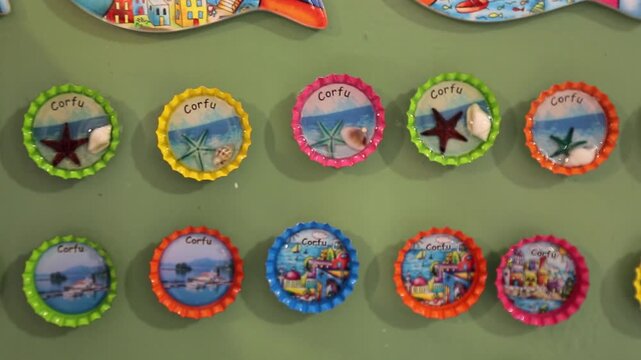Creative Bottle Cap Souvenirs Magnets display with inspired designs and art from Corfu Island, Greece