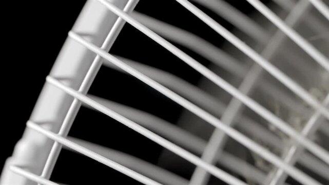 Dust and lint cover a white oscillating fan grille in a tight indoor close-up.