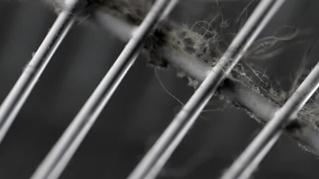 Dust and hair collect on a metal fan grille in a dark close-up.