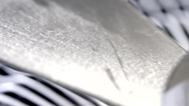 Dusty gray fan blade turns beside black grille bars in extreme close up.