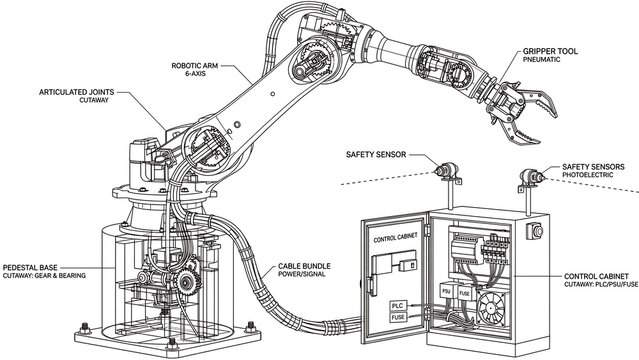 Industrial robotic arm diagram white background.