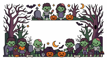 Fototapeta premium Halloween zombie kids with pumpkins and graveyard scene