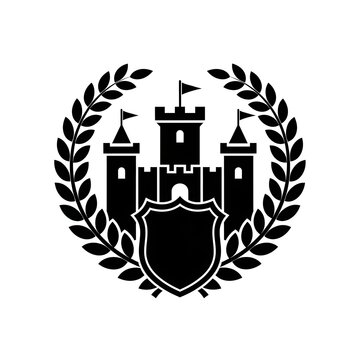 Black castle icon with shield and laurel wreath