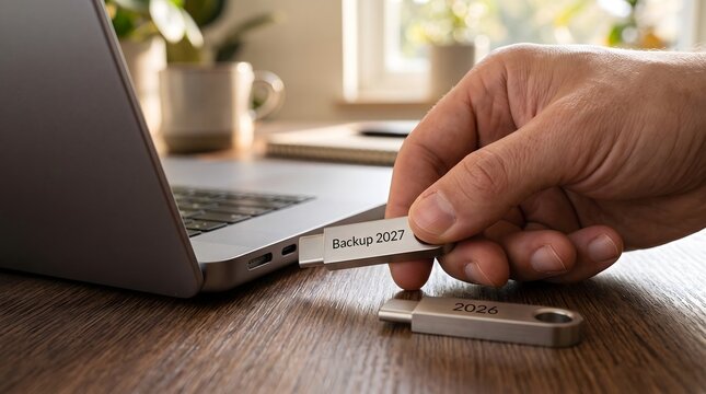 Silver usb flash drive labeled backup 2027 being inserted into laptop port alongside another drive marked 2026 representing digital archive and storage.