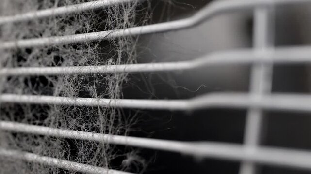 Dust gathers on a fan grille with silver bars against a dark background.
