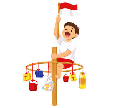 Indonesian Boy Climbing Panjat Pinang on Independence Day Illustration