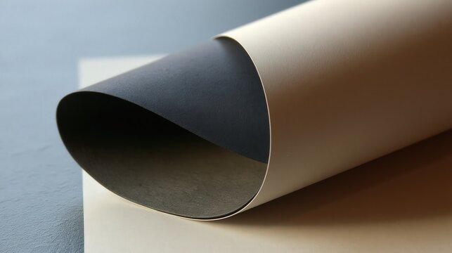 Tight macro of a sheet of dark carbon paper lifted part way from a form with soft natural light and generous copy space
