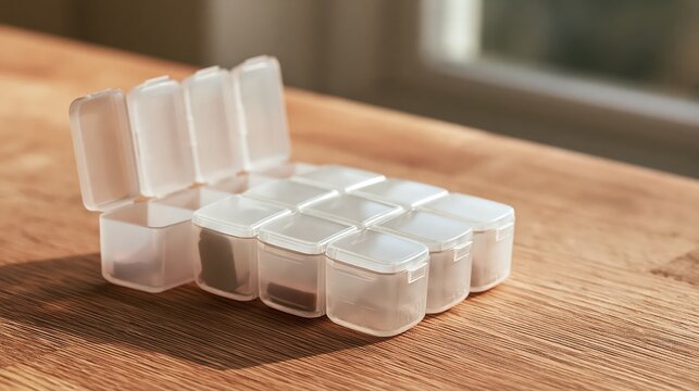 Tight macro of an open weekly pill organiser with every compartment in view with soft natural light and generous copy space
