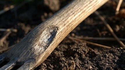 Fototapeta premium Tight macro of the ash handle of a garden fork worn into a shallow curve in a calm balanced composition with room for text