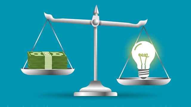 Animated Justice Scale Balancing Money Stack and Glowing Lightbulb Value of Ideas Concept