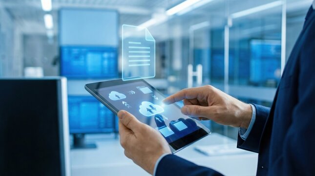 Digital enterprise resource planning software system manages workflow with cloud data and document sharing on tablet device in office