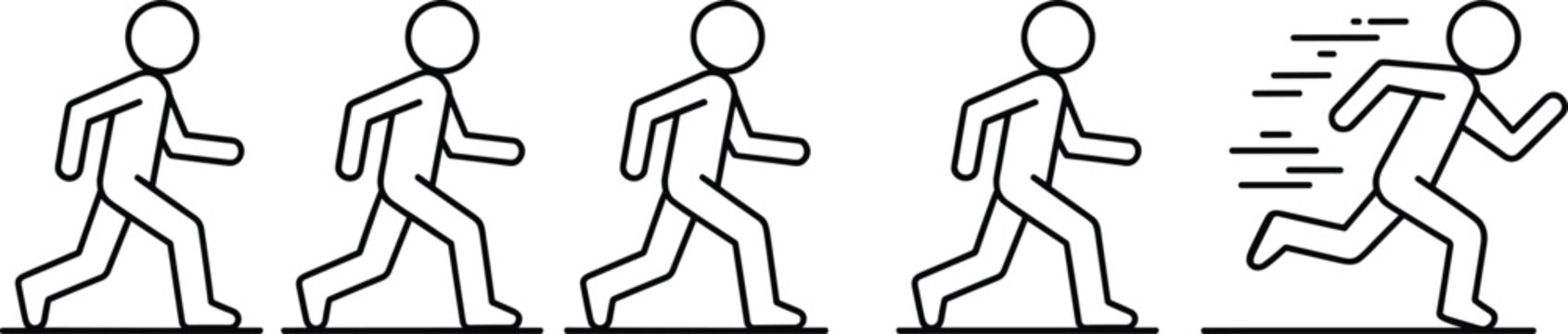 Linear showing a sequence of a stick figure person transitioning from walking to running, isolated on a white background, motion concept