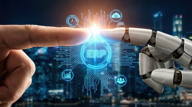 Human finger and robot finger touching with glowing erp icon symbolizing enterprise resource planning software system workflow