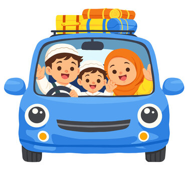 Muslim Family Traveling Home for Eid Mudik Tradition Illustration