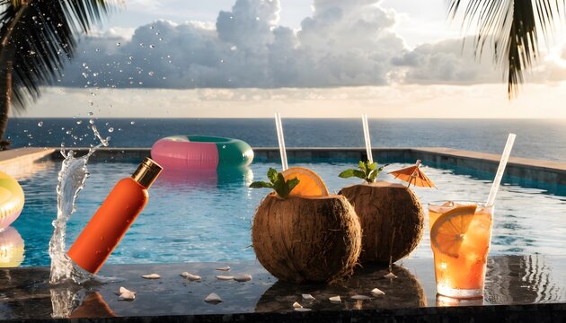 Coconuts and cocktails by pool side.