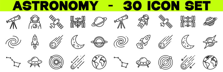 Astronomy Icon Set – Space, Planet, Rocket, Galaxy, Astronaut, Telescope Editable Stroke Vector Illustration © EPS