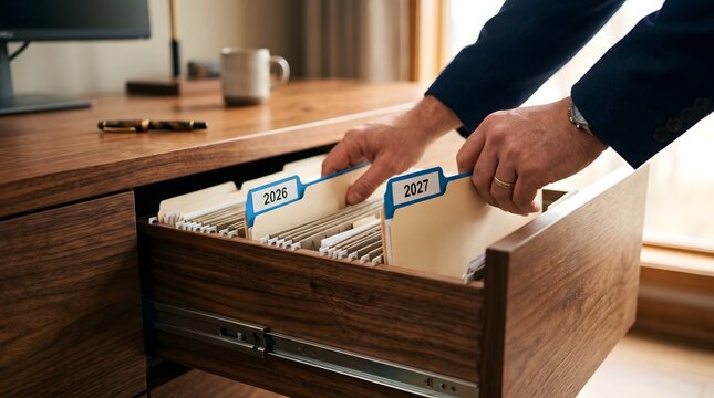 A male hand in formal attire is seen organizing manila file folders labeled 2026 and 2027 inside a wooden office desk drawer.