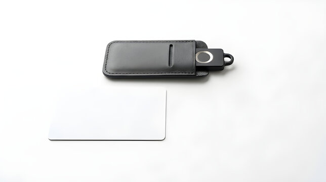 Black Hardware Security Key with Fingerprint Reader in Leather Case Alongside Blank NFC Smart Card Mockup Isolated on White Background Stock Photo
