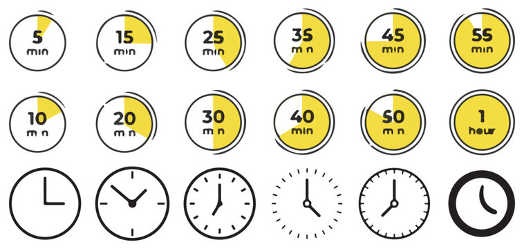 Countdown timer icons with minute indicators in yellow circles vector illustration eps 10