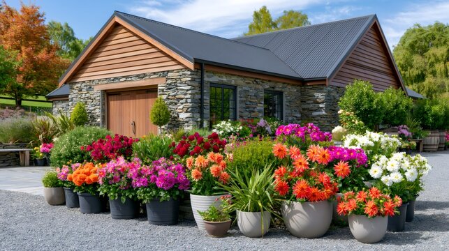 Stone house with vibrant dahlia flowers in pots