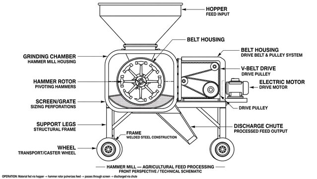 Industrial grain mill machine diagram white background.