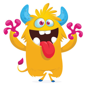 Funny Happy Cartoon Monster Character with Big Eyes and Teeth Showing long Tongue Isolated