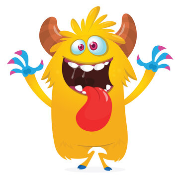 Funny Happy Cartoon Monster Character with Big Eyes and Teeth Showing long Tongue Isolated