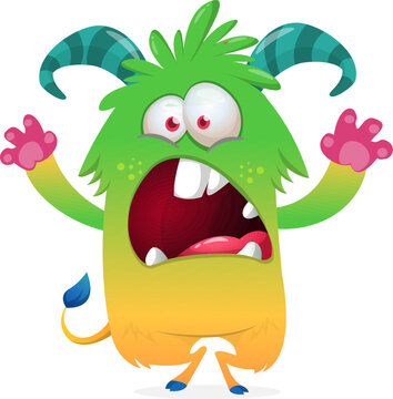 Cute Hairy Cartoon Monster Mascot with Claws and Big Teeth Isolated on White
