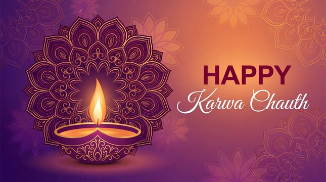 Happy karwa chauth festival greeting with diya and mandala