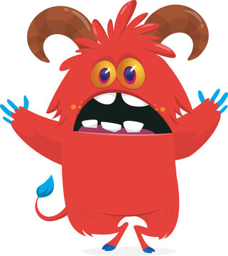Cute Hairy Cartoon Monster Mascot with Claws and Big Teeth Isolated on White