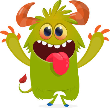 Funny Happy Cartoon Monster Character with Big Eyes and Teeth Showing long Tongue Isolated
