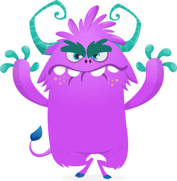 Cute Hairy Cartoon Monster Mascot with Claws and Big Teeth Isolated on White