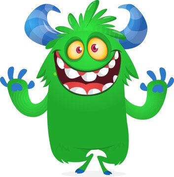 Cute Hairy Cartoon Monster Mascot with Claws and Big Teeth Isolated on White