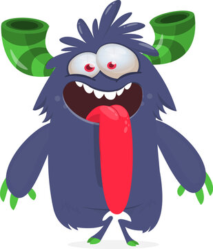 Cute Hairy Cartoon Monster Mascot with Claws and Big Teeth Isolated on White