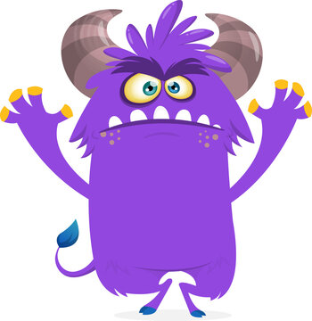 Cute Hairy Cartoon Monster Mascot with Claws and Big Teeth Isolated on White