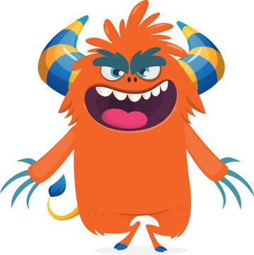 Cute Hairy Cartoon Monster Mascot with Claws and Big Teeth Isolated on White