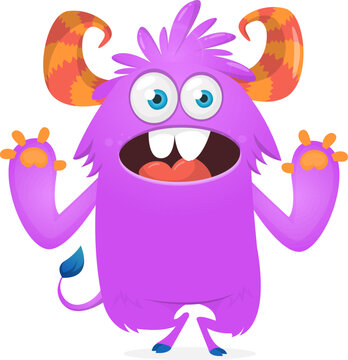 Cute Hairy Cartoon Monster Mascot with Claws and Big Teeth Isolated on White