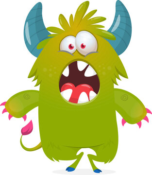 Cute Hairy Cartoon Monster Mascot with Claws and Big Teeth Isolated on White