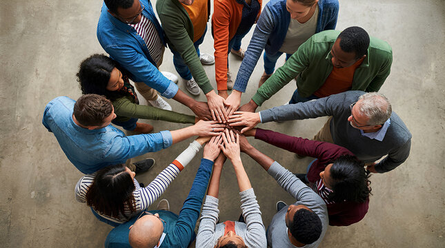 Aerial view of a large group of diverse multicultural men and women standing in a circle of unity holding hands, symbolizing teamwork, collaboration, community, support, and togetherness