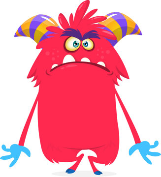 Furry Funny Cartoon Monster with Big Mouth and Sharp Teeth Isolated